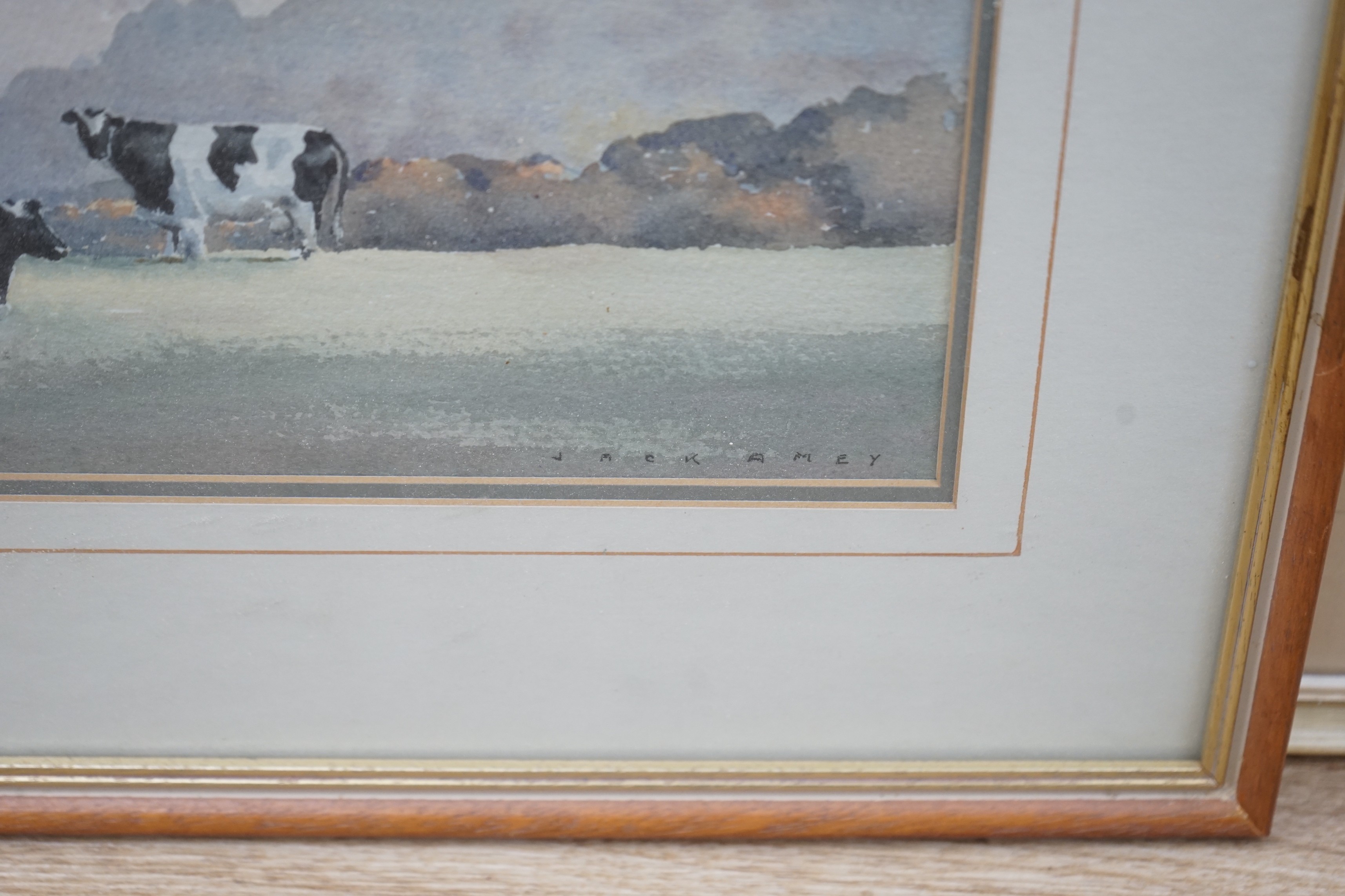 Jack Amey (20th C.), three watercolours, 'Spring at Amberley', 'Cattle at Washington' and 'Beached fishing boats', signed, largest 31 x 47cm